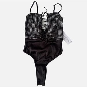 For Love & Lemons Victorias Secret Nwt Black Mirage Mirrored Bodysuit Top XXS